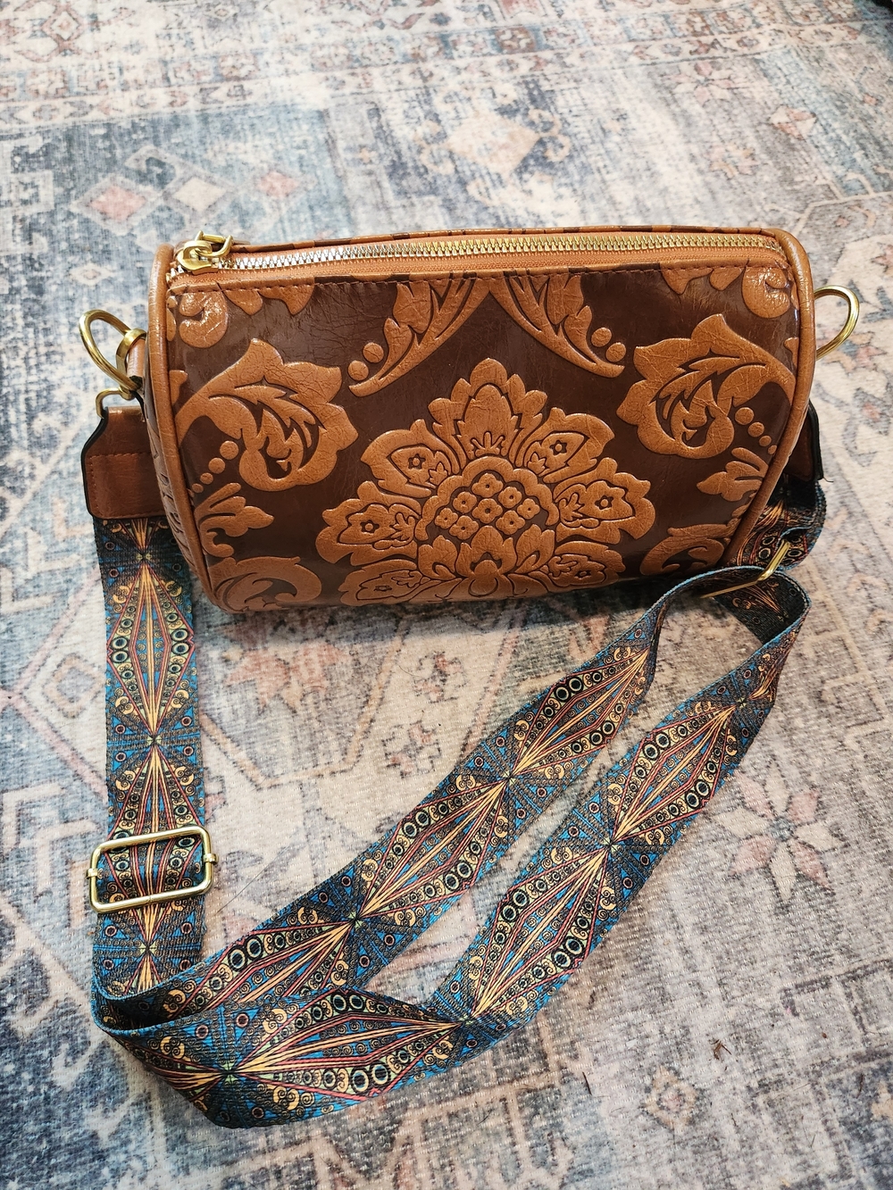 Women's Brown Tooled Leather Crossbody Bag with Patterned Strap